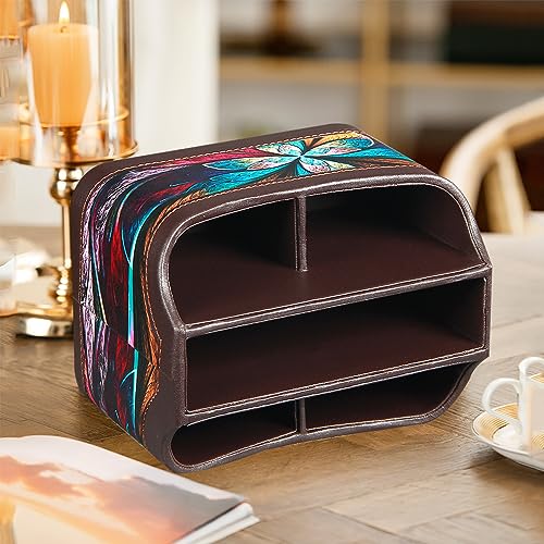 Fanousy 360° Rotating Remote Control Holder, PU Leather TV Remote Caddy Organizer Basket Storage Box with 5 Compartments for Pen, Pencil, Art Supplies, Makeup Brush, Office Desk Table Accessories - color: Butterfly