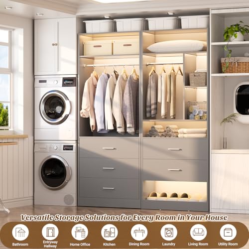 Besiost 4FT Closet Systems with 5 Wood Drawers, 48 Inch Closet Organizer System with 2 Hanging Rods & 7 Shelves, Heavy Duty 48" Walk-in Closet, Grey (48"L x 15" W x 80" H) - color: Grey