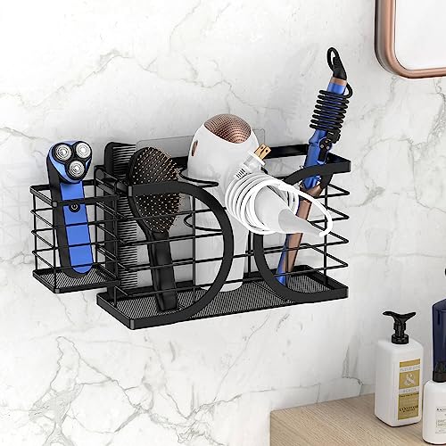 Hair Dryer Holder 3in1 Hair Tool Organizer/Wall Mounted,Cabinet Door or Desk-based Blow Dryer Holder/Height-adjustable Curling Iron Holder/Bathroom Cabinet Organizer for Flat Irons - color: Black-A