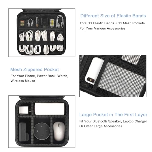 MATEIN Cable Organizer Bag, Waterproof Travel Electronic Storage, Shockproof Portable Double Layer Tech Bags Carrying Case for Cord, Earbuds, Charger, SD Card, DJ Gifts, Black - color: Black, size: Medium