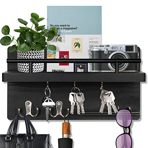OurWarm Key Holder for Wall Decorative with 5 Key Hooks, Wall Mounted Key Hangers for Wall with Mail Key Rack, Wooden Mail Organizer with Shelf - color: Black