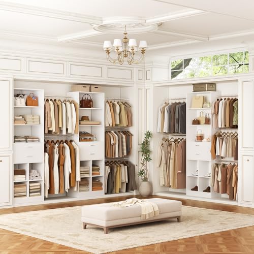 Besiost Closet System, 4-8 FT Closet Organizer Tower with 2 Wooden Drawers and Shelves, Can Fit 60 to 96 inch Walk-in Closet System with 5 Hanging Rods, Built-in, White - color: White