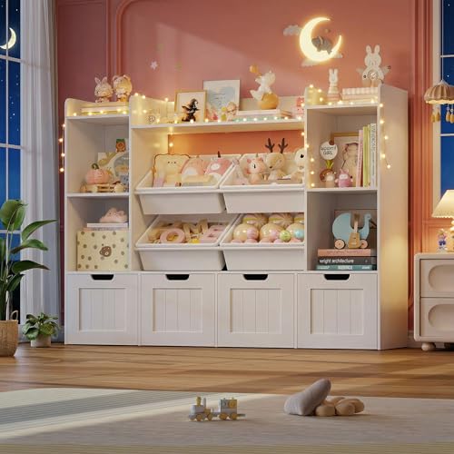 Toy Storage Organizer, Toy Organizer with 4 Movable Drawers and 4 Box Bins, Kids Playroom Storage Organization with Hidden Wheels for Living Room, Kids Room