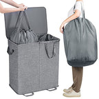 Lifewit Double Laundry Hamper with Lid and Removable Laundry Bags, Large Collapsible 2 Dividers Dirty Clothes Basket with Handles for Bedroom, Laundry Room, Closet, Bathroom, College, 136L Gray - color: Gray, size: 136L