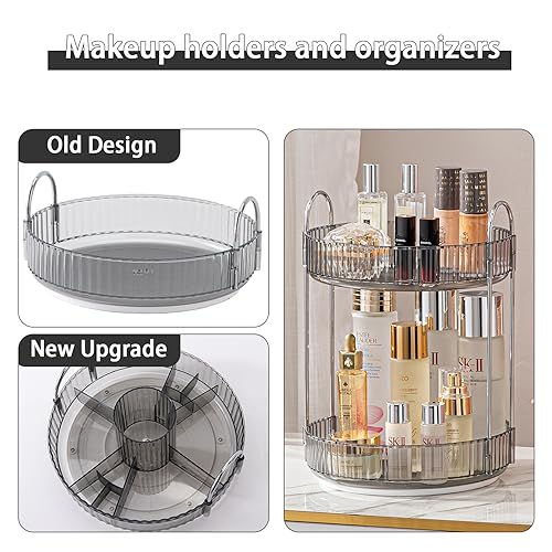 shuang qing Rotating Makeup Organizer for Vanity, High-Capacity Skincare Clear Make Up Storage Perfume Organizers Cosmetic Dresser Organizer Countertop 360 Spinning (Gray, New-2 Tier) - color: Gray, size: New-2 Tier