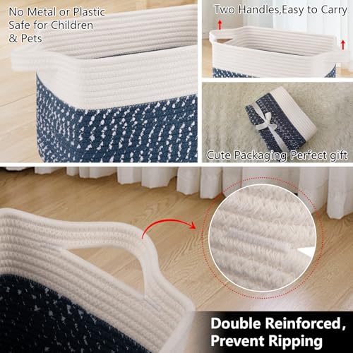 OIAHOMY Storage Basket, Woven Baskets for Storage, Cotton Rope Basket for toys,Towel Baskets for Bathroom - Pack of 3,White Blue - color: White Blue, size: 3 pcs-13”x9.9”x8.7”