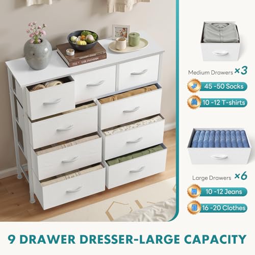 OLIXIS 9 Drawer Storage Dresser with Wood Top - Wide Fabric Chest Organizer for Bedroom, Closet, Living Room,Tower Cabinet, TV Stand, Hallway Entryway Furniture,Bright White - color: White, size: 11.8"D x 39.6"W x 39.4"H (9 Drawers)