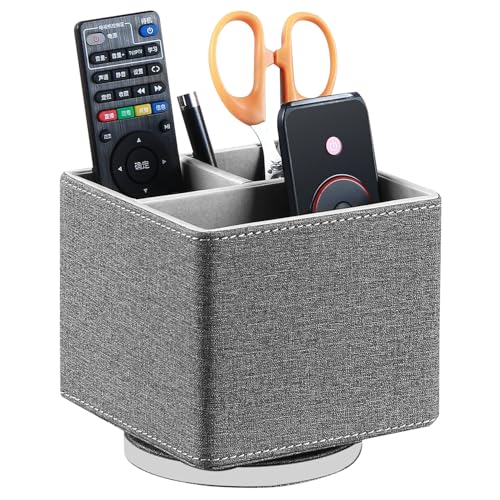 YAPISHI Remote Control Holder, 360° Swivel TV Remote Holder for Table, PU Leather Remotes Caddy, Nightstand Organizer for Media Controllers/Makeup/Office Supplies, Bedside Decorations for Living Room - color: Gray