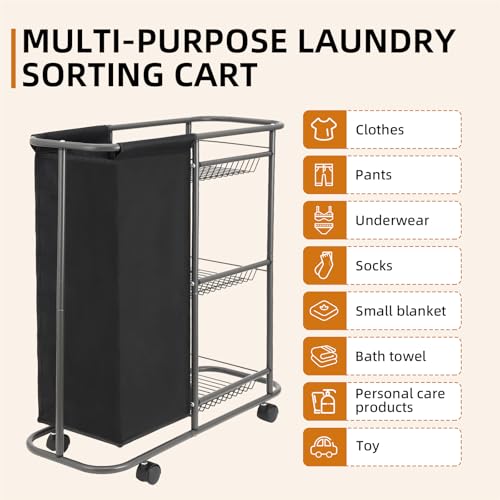 Rolling Laundry Cart with Wheels: 3-Tier Laundry Caddy Between Washer and Dryer - Heavy Duty Wrapping Paper Cart with 45L Bag for Narrow Space Laundry Room Bathroom Bedroom Black - color: Black