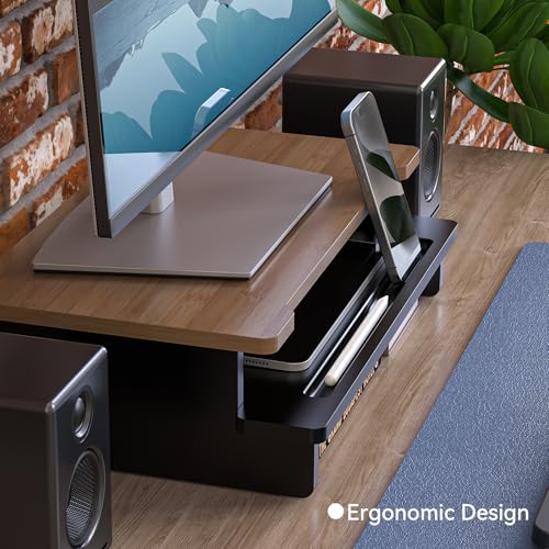 Computer Monitor Stand Riser, 16.5 Inch Wood Desk Shelf Storage Organizer with Phone Tablet Holder, Black & Dark Bamboo - color: Black & Dark Bamboo, size: 16.5 inch
