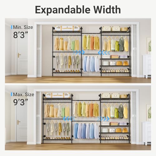 Timate F3 Plus Wall Mounted Clothes Rack Industrial Pipe Clothing Rack for Hanging Clothes, Heavy Duty Clothes Rack with Shelves, Expandable Garment Rack Wall Closet System, Black Pipe Closet Kit - color: Black, size: F3 Plus