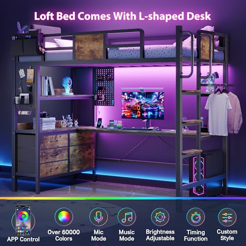 Dnxao Loft Bed Twin Size with L-Shaped Desk,Heavy Duty Metal Loft Bed for Adults Teens, 5 Storage Drawers & LED Lights,Charging Station,No Box Spring Needed, Space Saving for Small Room, Rustic Brown | Clothes Rack - color: Rustic Brown, size: Twin loft b