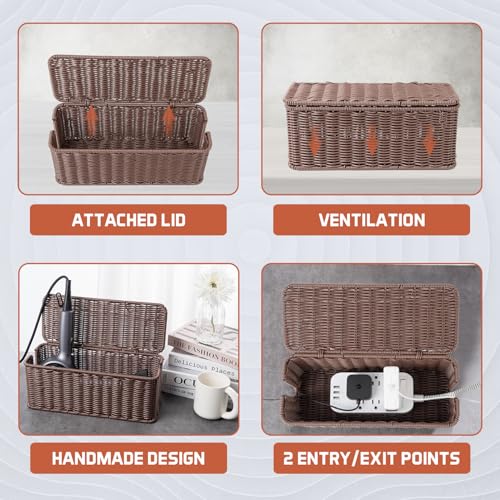 Cable Management Box, Handmade Rattan Cable Organizer with 2 Open Slots, Cord Hider for Power Strip, Router & USB Hub, Registered U.S. Design Patent (D1,112,102), 13" x 5.1" x 5.1", Brown - color: Brown, style: Rectangle