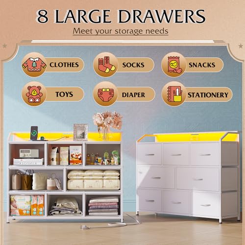 WLIVE Led Dresser for Bedroom, White Dresser TV Stand for Bedroom with LED Lights and Power Outlet, Wide Chest of Drawers for Hallway, 8 Fabric Drawers for Living Room and Entryway, Easy to Assemble - color: White, style: 8 Drawers with LED
