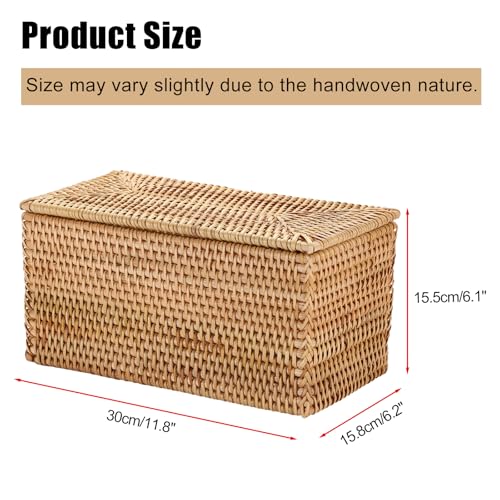 Hipiwe Rattan Basket Box Wicker Storage Bins with Lid Handwoven Wicker Basket Box Lidded Decorative Baskets Rectangular Baskets Bin for Shelf Organizing Home Decor, 11.8"Lx6.2"Wx6.1"H - size: 11.8"L x 6.2"W x 6.1"H, without Handle