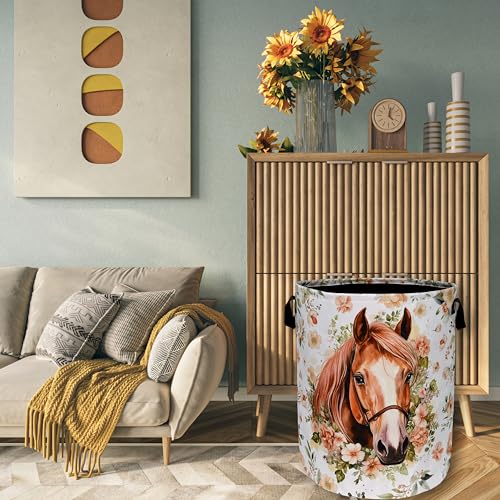 Watercolor Horse Laundry Basket Foldable With Handles Cute Animal Floral Tote Bag Oxford Cloth Colorful Laundry Hamper Clothes Toy Storage Bucket For Bathroom/Laundry/Bedroom 18.9" x 16.5 " - color: Watercolor Horse With Flowers Floral