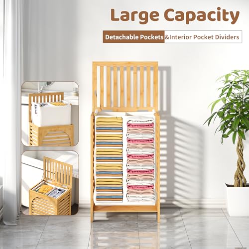 FILWH Laundry Hamper with Lid (16.9 * 13 * 26.5inches) Large Bamboo Laundry Bin Basket 85L Clothes Hamper with 1 Removable Bag Storage baskets for Bathroom(Natural) - color: Natural