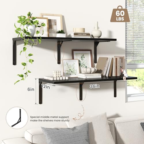 Fun Memories Floating Shelves for Wall, 12 Inch Deep Floating Shelves Set of 2, Wall Mounted Shelf with Metal Brackets, Rustic Wood Wide Shelf for Bathroom, Kitchen and Living Room, Black, 36W x 12D - color: Black- L Bracket, size: 36"W x 12"D