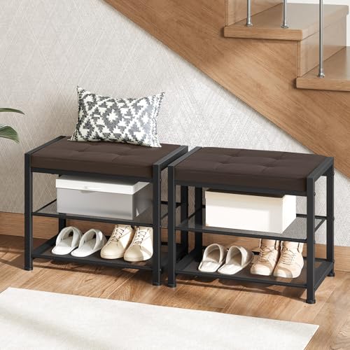 HOOBRO Small Shoe Bench, 3-Tier Shoe Rack, Shoe Storage Bench with PU Seat Cushion, Entryway Shoe Rack Bench with Metal Mesh Shelves, Freestanding Shoe Organizer for Hallway, Brown CB33HX01 - color: Brown + Black