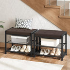 HOOBRO Small Shoe Bench, 3-Tier Shoe Rack, Shoe Storage Bench with PU Seat Cushion, Entryway Shoe Rack Bench with Metal Mesh Shelves, Freestanding Shoe Organizer for Hallway, Brown CB33HX01 - color: Brown + Black