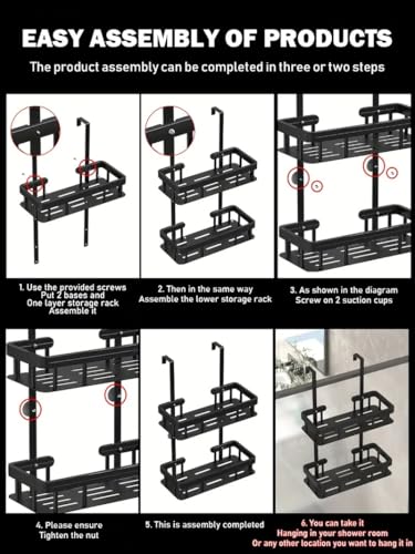 Over Door Shower Caddy, Black Rustproof Bathroom Organizer, 2-Tier Storage Rack, 11.81x5.31 Inch Shelves, No Drilling Required