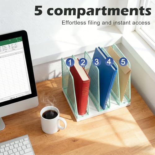 AUPSEN 5-Section File Organizer for Desk, Wood Mesh Desktop File Organizer, File Sorter Storage Rack, Vertical Folder Holder for Files, Magazines, Books (Green) - color: Green