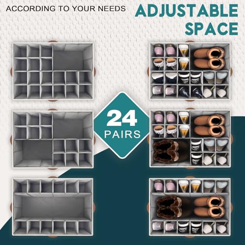 Shoe Organizer for Closet, Foldable Shoe Storage Bins with Clear Cover, Space Saving Shoes Holder with 4 Handles, Large Adjustable Shoe Box Storage Containers, Fits 12-24 Pairs, 2 Pack, Beige - color: Beige and Grey, size: (2 Pack) 25 ½"L x 17"W x 12 ½"H