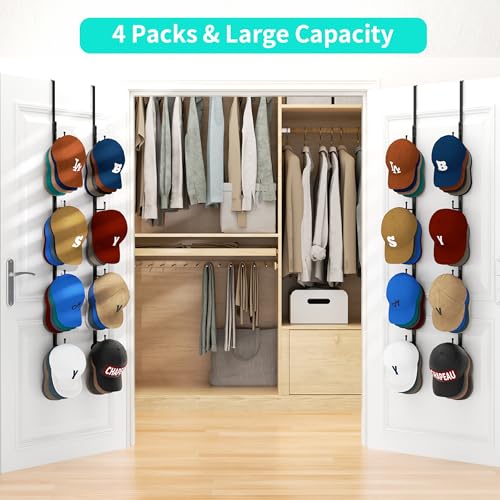 HapiRm Over Door Hat Rack - 4 Packs Metal Hanging Hat Organizer with 16 Hooks Design, Baseball Cap Hanger Organizer Storage Holds up to 80 Caps for Door, Bedroom, Closet - color: Black, size: 4 Pack