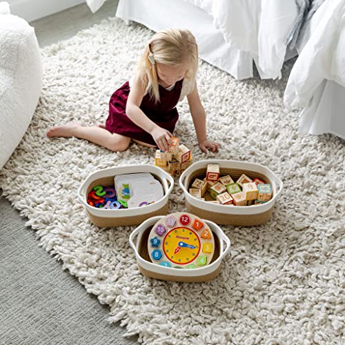 NaturalCozy 5-Piece Rectangle Storage Basket Set- Natural Cotton Rope Woven Baskets for Organizing! Small Basket for Montessori, Baby Nursery, Dog Toy Baskets, Cat Toy Box, Bathroom Organization Bin - color: Off White & Jute