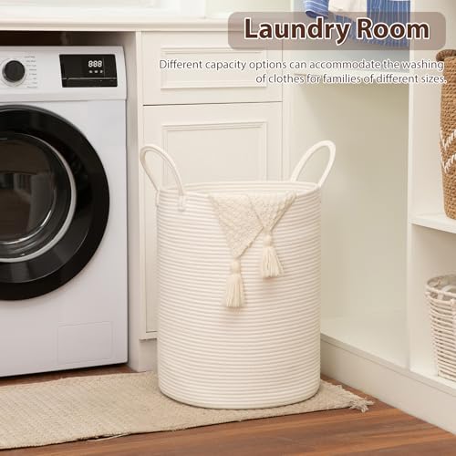 OIAHOMY Large Laundry Basket Hamper - 60L Cotton Rope Woven Basket for Blankets, Toys, Clothes - Tall Decorative Nursery Hamper with Long Handles, White - color: White, size: 60L