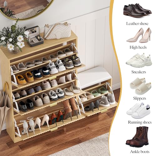 HUANLEGO Shoe Cabinet Storage for Entryway with 4 Flip Drawers, Oak Fluted Shoe Cabinet with Bench, Wooden Hidden Shoe Rack Freestanding Narrow Slim Shoes Storage Organizer for Hallway, Entrance - color: Oak, size: 4 Drawer with Bench