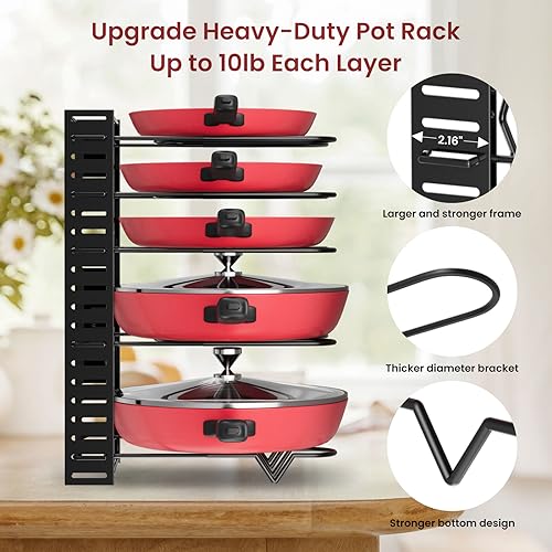 Podxco Pot and Pan Organizer for Under Cabinet, 8 Tiers Adjustable Pan Organizers Inside Cabinet with 3 DIY Methods, Upgrade of Pan Organizer Balance Ability, Kitchen Pan Rack Organizer for Cabinet
