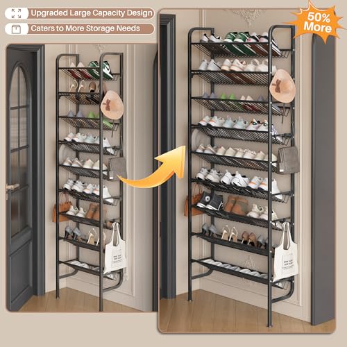 UMDONX 9 Layer Shoe Rack for 27 Pairs Shoes, Freestanding Shoe Organizer with 12 Hooks & 8 Adhesive Pads, Space-Saving Vertical Storage for Entryway and Walk-in Closet Width 27.56 inch（70cm）