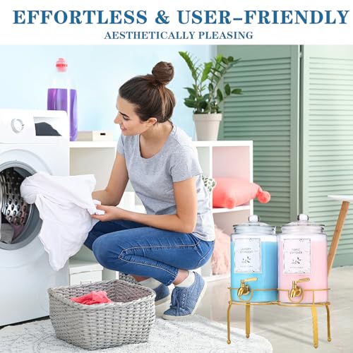 Glass Laundry Detergent Dispenser- 1 Gallon Glass Fabric Softener Dispenser with Leak-Proof Stainless Steel Faucet & Stand. Large Laundry Soap Container for Washer Room Organization &Storage