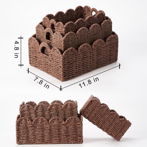 Scalloped Wicker Baskets, Set of 3 Hand-Woven Storage Baskets with Handles - Paper Rope Shelf Organizers & Decorative Baskets for Shelves, Closet, Bathroom (Brown） - color: Brown