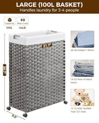 Greenstell Laundry Hamper with Wheels & Handles, 26.4 Gallon (100L) Slim Laundry Basket with 2 Removable Liner Bags & 2 Mesh Bags, Foldable Narrow Clothes Hamper for Bedroom, Bathroom, Closet, Grey - color: Grey, size: 100L (21.7 x 9.8 x 30.7 inches)