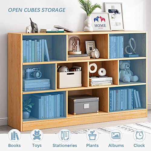 IOTXY Open Shelf Low Bookcase - Wooden 3-Tier Floor Standing Display Cabinet Organizer with Base, 7 Cubes Short Horizontal Bookshelf in Tiffany-Green - color: Tiffany Green, size: 80CM Base