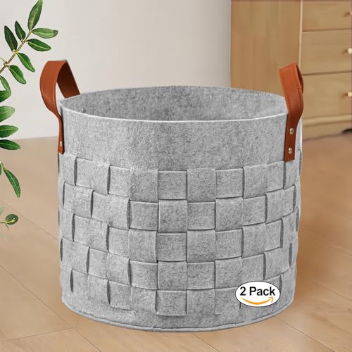 BOLDMONKEY Blankets Basket 15" x15 " x13 " 2 Pack, Storage Baskets for Organizing Round, Living Room Dog Toy Bin for Dirty Clothes, Pillows, Towel-Light Gray - color: Light Gray