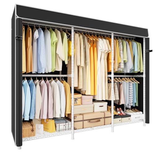 ULIFHOME E14C Pro Heavy Duty Closet Organizer System，Freestanding Clothing Racks for Hanging Clothes，Adjustable Garment Rack 70.1"W × 16.6"D × 76.4"H Hold 960 lbs，White Rack with Black Dustproof Cover - color: White Rack With Black Cover