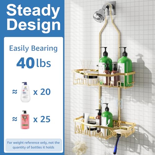 Shower Caddy, Extended Length Shower Organizer with Hooks, Rustproof Shampoo Soap Holder, Large Hanging Bathroom Caddy - color: Gold - 2 Tier - Standard