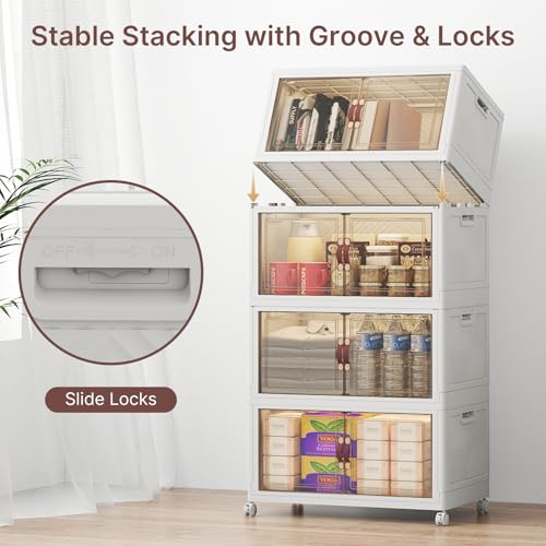 UAMFURI Stackable Storage Bins with Lids, 192QT Closet Organizers, Lockable Storage Cabinet，Foldable Storage Box with Doors and Wheels, Plastic Drawers for Home, Garage, Office (4, White, Medium) - color: White, size: Medium
