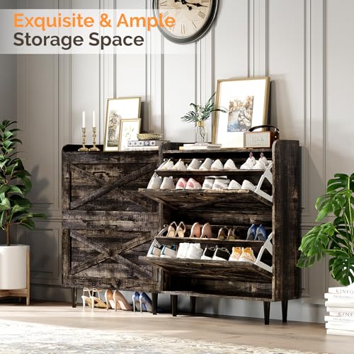 VINGLI Shoe Storage Cabinet for Entryway with 2 Flip Drawers, Ultra Slim Freestanding Entryway Shoe Organizer with Wood Tapered Legs,Hidden Closed Shoe Rack,31.6"W * 9.4"D * 39.4"H, Dark Rustic Oak - color: Dark Rustic Oak, size: 31.5"W 2 Drawers