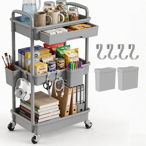 3 Tier Rolling Utility Cart with Drawer, Plastic Storage Organizer Rolling Carts with Wheels Handles Hanging Cups Hooks for Office, Bathroom, Kitchen,Craft Art Room (Grey) - color: Gray, size: 3-Tier