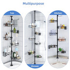 GearFusion Shower Caddy Organizer Tension Pole, Rustproof 4 Tier Corner Shower Rack with 25–114 Inch Adjustable Height for Bathroom Storage, Extra Towel Rack, Soap Dish and Toothbrush Holder, Black
