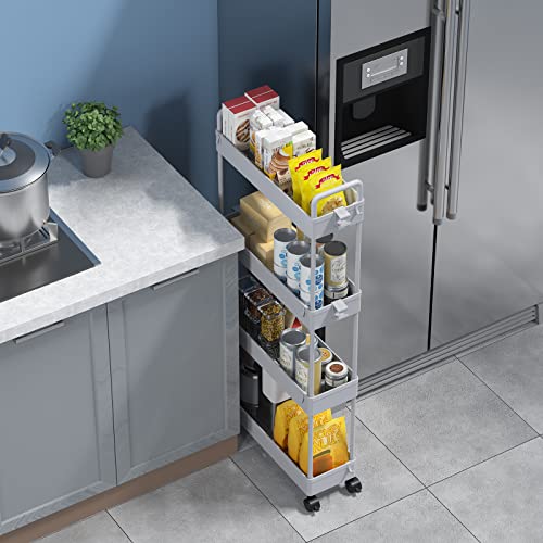 SOLEJAZZ Slim Rolling Storage Cart with Wheels 4 Tier Skinny Bathroom Storage Organizer Narrow Shelf Unit Thin Laundry Room Utility Cart for Bedside Kitchen Office Next to Fridge Small Places, Gray - color: Grey, size: 4-Tier, 4.76"D