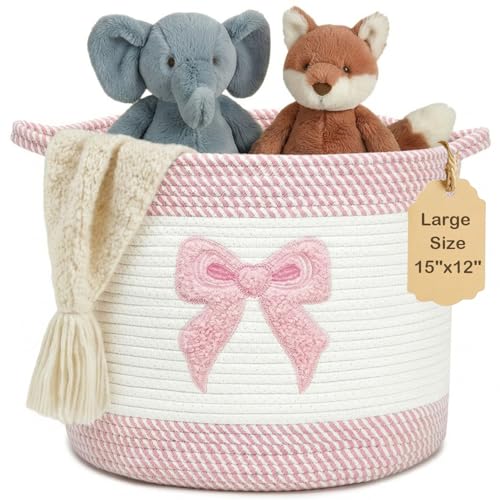 Baby Laundry Basket for Nursery, Baby Storage Baskets, Soft Foldable Cotton Rope Bin with Cute Embroidered Designs for Home Toys Organizer - color: Bow