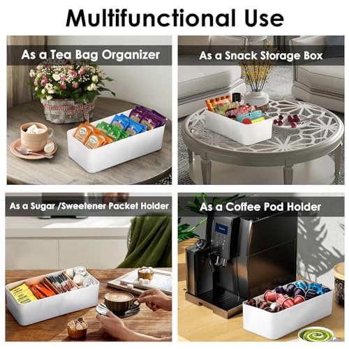 BSTKEY Seasoning Packet Organizer, Food Storage Organizer with Divided 4 Bamboo Wood Compartments, White Plastic Storage Caddy for Pantry Cabinet, Kitchen Organization Bin for Snacks Spice Packets - color: White