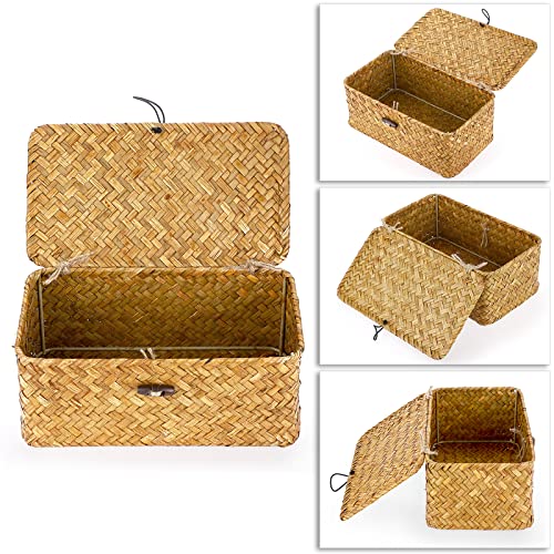Hipiwe Wicker Shelf Baskets Bin with Lid, Handwoven Seagrass Basket Storage Bins Rectangular Household Basket Boxes for Shelf Wardrobe Home Organizer, Caramel X-Small - color: Caramel, size: X-Small