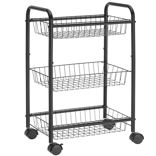 SONGMICS 3-Tier Metal Rolling Cart on Wheels with Baskets, Lockable Utility Trolley with Handles for Kitchen Bathroom Closet, Storage with Removable Shelves, Black UBSC03BK - color: Black