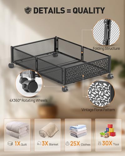 Under Bed Storage with Wheels, Foldable Pattern Carved Metal Under Bed Storage Containers, 60L Rolling Underbed Storage, Easy Assembly Under The Bed Storage for Shoes, Clothes, Blankets... - color: Black, size: 1 Pack